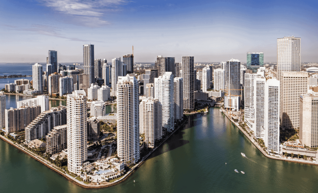 coastal aerial photo of a city skyline
