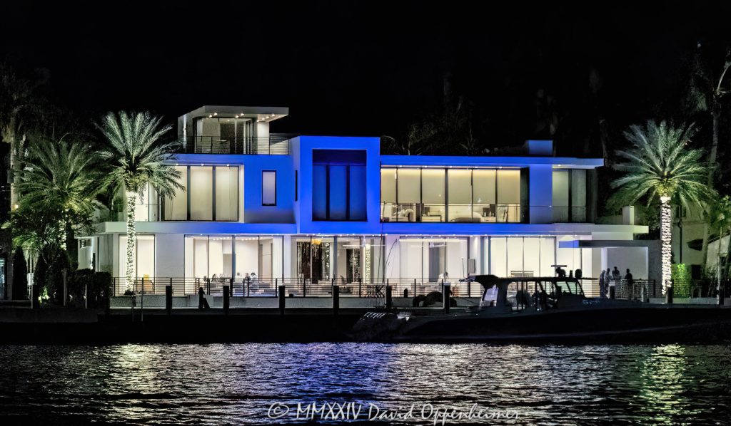 2412 Laguna Dr luxury waterfront estate in Harbor Beach neighborhood in Las Olas in Fort Lauderdale, Florida - © 2024 David Oppenheimer - Performance Impressions photography archives - https://performanceimpressions.com 2412 Laguna Dr, 2412 Laguna Drive, Harbor Beach, neighborhood, Fort Lauderdale, Florida, estate, facade, waterfront, mansion, luxury real estate, real estate, Fort Lauderdale real estate, dock, dockage, home, house, stunning, Intracoastal, Intracoastal Waterway, gated community, community, private community, waterfront estate, private, prestigious, balcony, balconies, windows, 33316, South Florida, Broward County, security, Las Olas, Randall Stofft Architects, Sarkela Corp, contemporary, modern, exclusive, property, peninsula, luxury estate, smart home, resort-style, outdoor living, Atlantic Laguna Holdings, CrossCountry, Ronald J. Leonhardt Jr., Stranahan River, Fort Lauderdale Sandbar, East Fort Lauderdale, architecture, sunset, palm trees, tropical, grounds, yard, night, lights, lighting, lit up, David Oppenheimer, color, horizontal, United States, VAu 1-530-124, 1-13553735171,