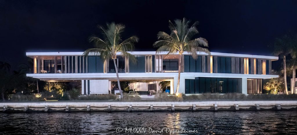 Brad Tuckman and Shona Tuckman’s cantilevered house at 516 Mola Ave in Fort Lauderdale Florida - © 2024 David Oppenheimer - Performance Impressions photography archives - https://performanceimpressions.com 516 Mola Ave, cantilevered house, cantilevered, Brad Tuckman, Shona Tuckman, Brad Tuckman’s house, 0211140040, Wayne Huizenga, design, overhang, architecture, architectural, Las Olas Isles, Mola Canal, Riva Canal, canal, Coastal Risk Consulting, raised lot, flooding, seawall, Mola, Fort Lauderdale, Florida, estate, facade, waterfront, mansion, luxury real estate, real estate, Fort Lauderdale real estate, dock, dockage, home, house, stunning, Intracoastal, Intracoastal Waterway, gated community, community, private community, waterfront estate, private, prestigious, bespoke, balcony, balconies, windows, luxury rental, rental, 33301, South Florida, Broward County, neighborhood, security, contemporary, modern, exclusive, property, peninsula, luxury estate, smart home, resort-style, outdoor living, New River, East Fort Lauderdale, sunset, palm trees, tropical, grounds, yard, David Oppenheimer, color, horizontal, United States, VAu 1-530-124, 1-13553735171,