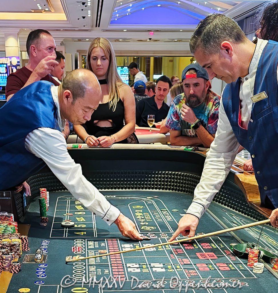 Craps table gambling at The Venetian casino in Las Vegas, Nevada - © 2025 David Oppenheimer - Performance Impressions travel photography archives - https://performanceimpressions.com The Venetian, casino, Las Vegas, craps, craps table, dice, chips, casino chips, money, roll of the dice, roll the dice, dice game, roll, table, gaming, play, Nevada, odds, win, gambling, wager, bet, luck, gamble, resort, 3355 S Las Vegas Blvd, 89109, United States, vertical, color, 1-14977862771