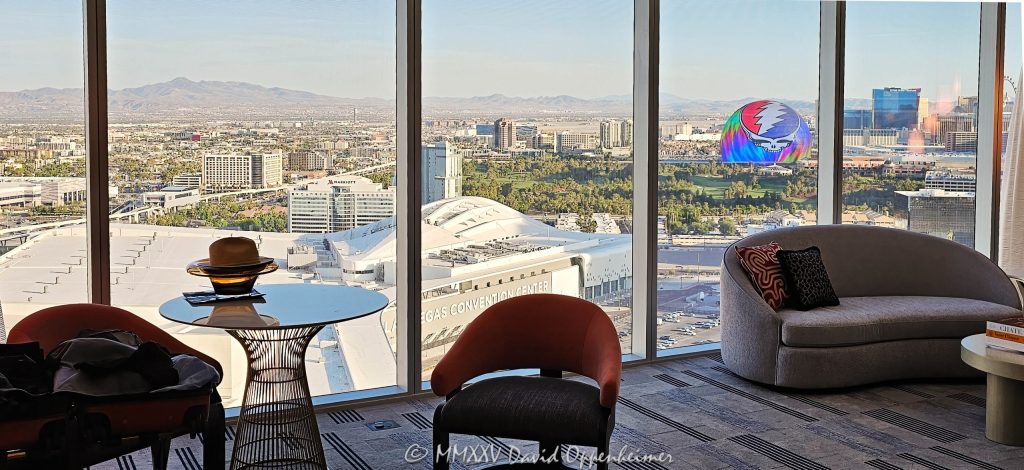 Fontainebleau Las Vegas view from suite of the Sphere in Las Vegas, Nevada - © 2025 David Oppenheimer - Performance Impressions aviation photography archives - https://performanceimpressions.com Fontainebleau Las Vegas, Fontainebleau, Las Vegas, Vegas, Nevada, design, Morris Lapidus, resort, casino, art deco, Fontainebleau Development, Jeffrey Soffer, Carlos Zapata Studio, Bowtie Hospitality, hospitality, Maurice Wooden, Koch Real Estate Investments, money, gaming, play, odds, win, gambling, wager, bet, luck, gamble, resort, 2777 South Las Vegas Boulevard, 89109, Steal Your Face, Dead & Company, Grateful Dead, residency, daytime, LED display, facade, building, outside, lights, lighting, United States, horizontal, color, 1-14977862771