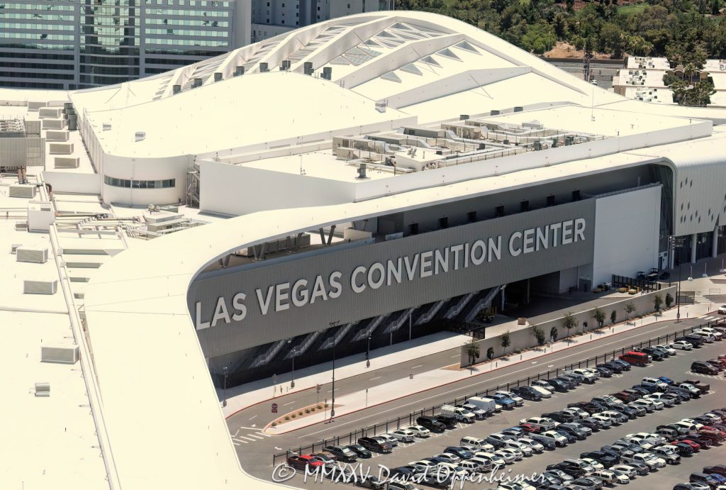 Las Vegas Convention Center at 3150 Paradise Rd in Paradise, Nevada aerial view - © 2025 David Oppenheimer - Performance Impressions aerial photography archives - https://performanceimpressions.com Las Vegas Convention Center, LVCC, 3150 Paradise Rd, Paradise, Nevada, convention center, building, façade, entrance, architecture, facility, conventions, Las Vegas, Las Vegas Convention and Visitors Authority, LVCVA, 1-14977862771