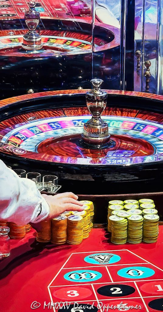 Roulette wheel and table at The Venetian Casino in Las Vegas, Nevada - © 2025 David Oppenheimer - Performance Impressions casino photography archives - https://performanceimpressions.com Roulette, Roulette wheel, Roulette table, The Venetian, casino, Las Vegas, casino chips, chips, spin, wheel, marker, high roller, ball, money, roll, table, betting, gaming, play, Nevada, odds, win, gambling, wager, bet, luck, gamble, resort, 3355 S Las Vegas Blvd, 89109, art, artwork, painting, casino art, reflection, United States, vertical, color, 1-14977862771