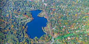 Beaver Lake and Lake View Park in North Asheville with Autumn Colors Aerial View