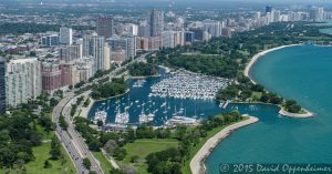 Chicago Yacht Club and Belmont Yacht Club in Belmont Harbor - Chicago Aerial Photo