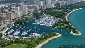 Chicago Yacht Club and Belmont Yacht Club in Belmont Harbor - Chicago Aerial Photo