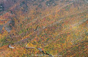 Blue Ridge Parkway by Rough Ridge Lookout below Grandfather Mountain State Park with Autumn Colors in Western North Carolina Aerial View
