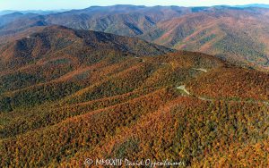 Blue Ridge Parkway at the Pink Beds Overlook in Western North Carolina with Autumn Colors Aerial View