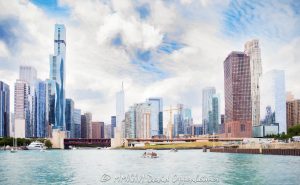 Chicago skyline from Lake Michigan with a painterly photorealism effect, framed by blue-green water and layered summer clouds as pleasure boats move near the Chicago Harbor Lock. Downtown skyscrapers line the lakefront of Chicago, Illinois – © 2026 David Oppenheimer – Performance Impressions photography archives https://performanceimpressions.com Chicago skyline, Lake Michigan, Chicago Harbor Lock, Chicago Lock, Chicago harbor, Chicago River, river mouth, St. Regis Chicago, Vista Tower, Wanda Vista Tower, Lakeshore East, Chicago cityscape, Chicago skyline art, Chicago art, Chicago photography, downtown Chicago, Chicago lakefront, Chicago waterfront, Chicago, Chicago Illinois, Chicago IL, Illinois, skyline, cityscape, landscape, downtown, city, urban, architecture, buildings, skyscrapers, towers, lake, water, harbor, lock, river, lakefront, waterfront, shoreline, horizon, boats, boat, boating, pleasure boats, yachts, yacht, summer, clouds, cloudscape, layered clouds, dramatic clouds, summer clouds, sky, blue sky, weather, atmosphere, photorealism, photorealistic, photorealism effect, painterly, painterly effect, artwork, art, photo art, city art, urban art, skyline art, landscape art, wall art, art print, Chicago print, skyline print, skyline photography, cityscape photography, landscape photography, urban photography, architectural photography, travel, tourism, destination, recreation, United States, licensing, image licensing, commercial imagery, photography licensing, print, fine art, commercial photography, David Oppenheimer, horizontal, 1-15213827141