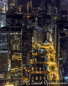 Chicago Night Skyline and Chicago River Aerial Photo