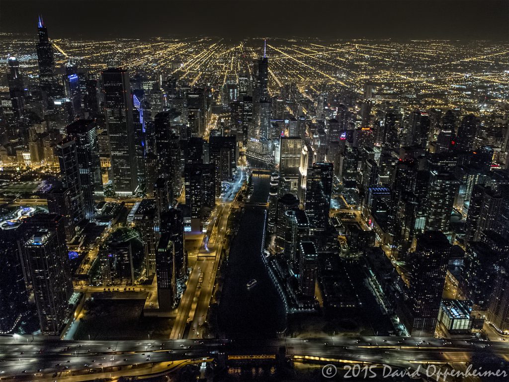 Chicago Night Skyline and Chicago River Aerial Photo