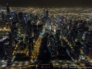 Chicago Night Skyline and Chicago River Aerial Photo