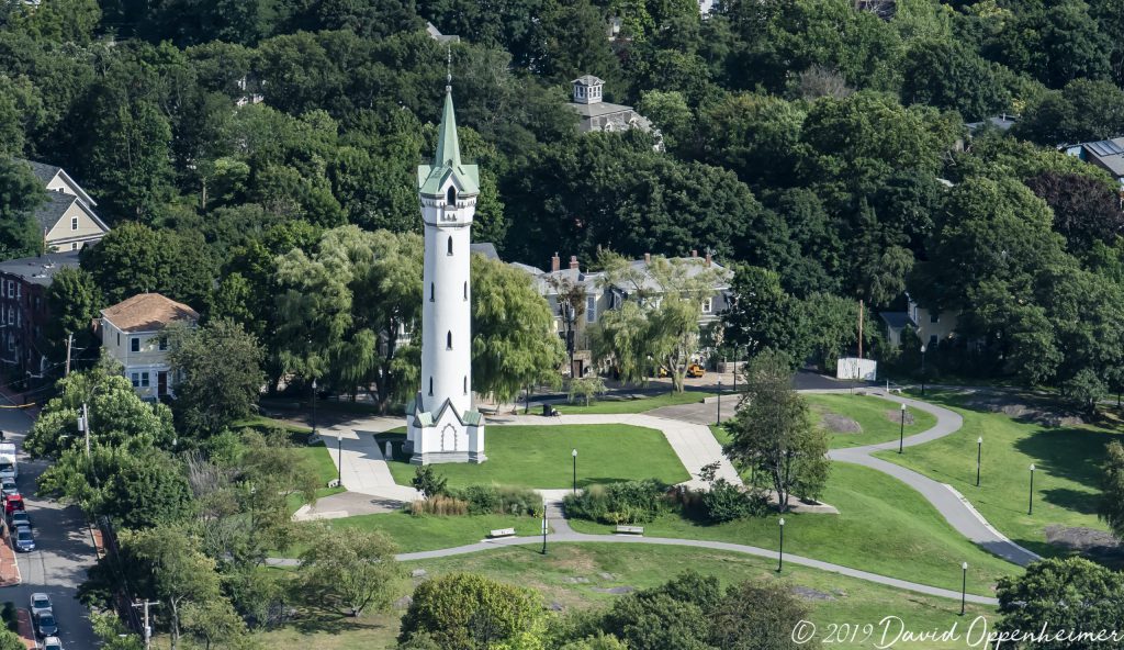 Fort Hill Tower in Highland Park Boston Aerial