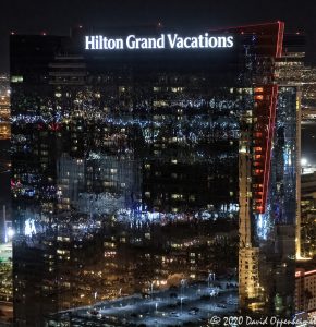 Hilton Grand Vacations on the Las Vegas Strip at Night Aerial View