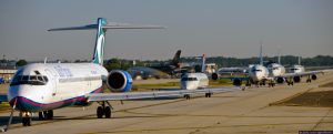 Jet Planes in Line for Takeoff at Charlotte Douglas International Airport