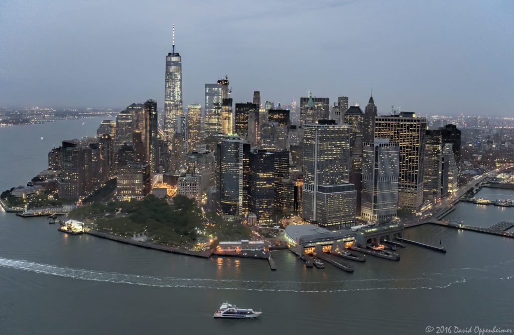 Lower Manhattan Skyline at Night Aerial View in New York City