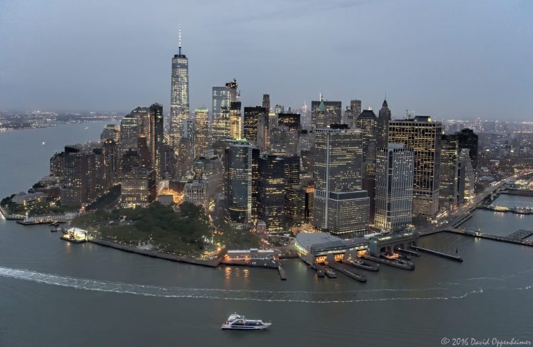 Lower Manhattan Skyline at Night Aerial View in New York City