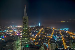 Transamerica Pyramid and the San Francisco Skyline at Night Aerial View