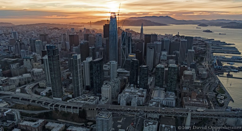 San Francisco City Skyline at Sunset Aerial