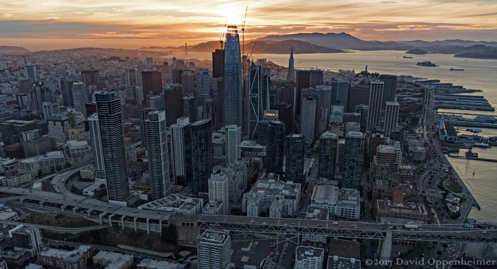 San Francisco City Skyline at Sunset Aerial