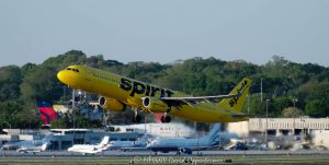 Spirit Airlines Airbus Jet Takeoff with Visible Jet Wash