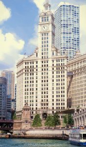 The Wrigley Building on the Chicago River The Wrigley Building at 400–410 North Michigan Avenue rises above the Chicago River, showing its white terra cotta facade, clock tower, and landmark Michigan Avenue architecture with a painterly photorealism effect. Designed by Graham, Anderson, Probst & White for William Wrigley Jr., the former Wrigley Company headquarters remains one of Chicago’s defining riverfront buildings – © 2026 David Oppenheimer – Performance Impressions photography archives https://performanceimpressions.com The Wrigley Building, Wrigley Building, Wrigley Building Chicago, 400 N Michigan Avenue, 400 North Michigan Avenue, 410 N Michigan Avenue, 410 North Michigan Avenue, 400-410 N Michigan Avenue, North Michigan Avenue, Michigan Avenue, Magnificent Mile, Mag Mile, downtown Chicago, Chicago Illinois, Chicago IL, Chicago River, river, riverfront, waterfront, Chicago riverfront, Chicago waterfront, DuSable Bridge, Michigan Avenue Bridge, 60611, facade, building exterior, exterior, clock tower, clock, clock face, 10:55, 10:56, white terra cotta, terra cotta facade, glazed terra cotta, white facade, historic facade, ornate facade, tower, south tower, north tower, 410 N Michigan tower, skyscraper, high rise, landmark building, Chicago Landmark, historic building, office building, commercial building, former headquarters, Wrigley Company, Wm Wrigley Jr Company, William Wrigley Jr, chewing gum, gum company, architecture, architectural photography, Chicago architecture, historic architecture, riverfront architecture, commercial architecture, Spanish Revival, French Renaissance, Graham Anderson Probst White, Graham Anderson Probst & White, Alfred P Shaw, art, painterly, photorealism, painterly effect, photorealistic, Chicago history, Illinois architecture, United States, licensing, image licensing, commercial imagery, photography licensing, art, print, fine art, commercial photography, David Oppenheimer, vertical, 1-15156784411
