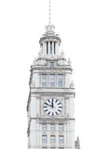 The Wrigley Building Clock Tower in Chicago Wrigley Building clock tower rises above North Michigan Avenue along the Chicago River, featuring its white glazed terra cotta facade and prominent four-faced clock, a defining element of this historic Chicago landmark designed by Graham, Anderson, Probst & White for William Wrigley Jr. – © 2026 David Oppenheimer – Performance Impressions photography archives https://performanceimpressions.com Wrigley Building, Wrigley Building Chicago, Wrigley Building clock tower, 400 North Michigan Avenue, 410 North Michigan Avenue, 400-410 North Michigan Avenue, North Michigan Avenue, Michigan Avenue, Chicago River, riverfront, downtown Chicago, Chicago, Chicago Illinois, Chicago IL, Illinois, 60611, clock tower, clock, clock face, tower detail, facade, building exterior, exterior, white terra cotta, glazed terra cotta, terra cotta facade, white facade, ornate facade, historic facade, landmark building, Chicago Landmark, historic building, tower, north tower, south tower, skyscraper, high rise, office building, commercial building, Wrigley Company, Wm Wrigley Jr Company, William Wrigley Jr, architecture, architectural photography, Chicago architecture, historic architecture, riverfront architecture, commercial architecture, Spanish Colonial Revival, French Renaissance Revival, Graham Anderson Probst & White, Graham Anderson Probst White, Alfred P Shaw, Chicago history, Illinois architecture, United States, licensing, image licensing, commercial imagery, photography licensing, art, print, fine art, commercial photography, David Oppenheimer, 1-15213827141