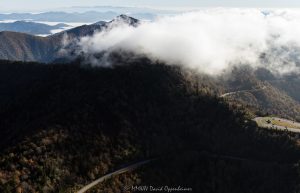 Waterrock Knob Blue Ridge Parkway cloud inversion autumn colors aerial view 7630
